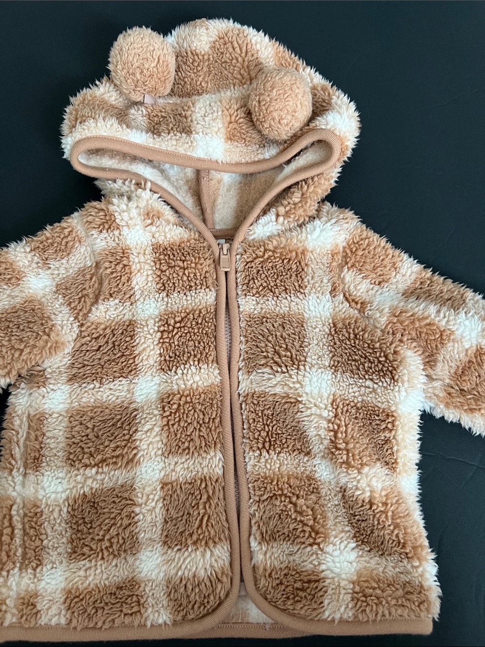 Cat & Jack Tan and White Sherpa Plaid Hooded Jacket with Pom Poms
